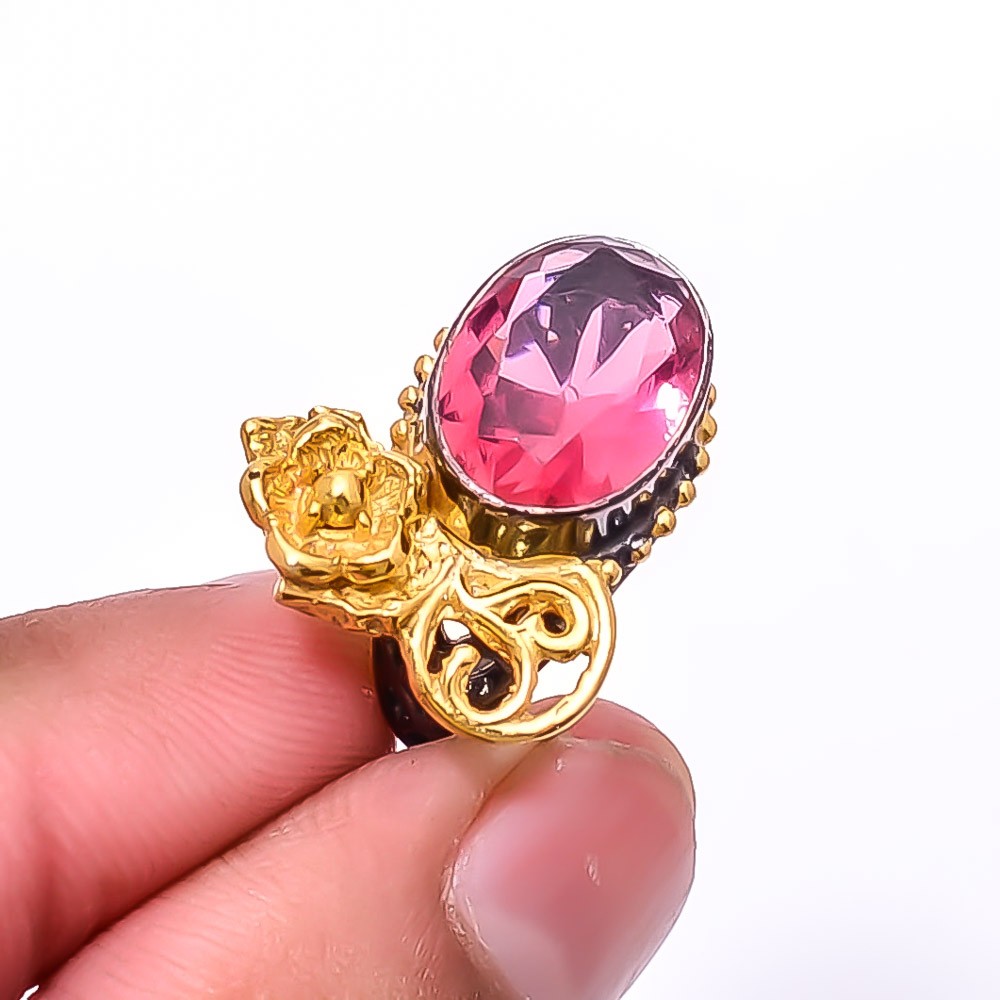 Pink Rubellite Tourmaline Black And Gold Plated 925 Sterling Silver Ring s.6 R9