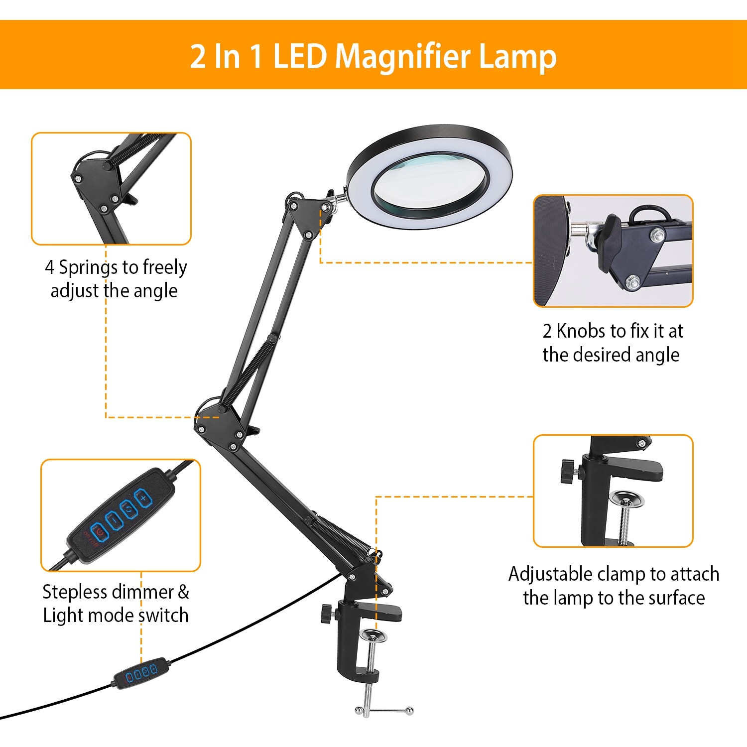 2Packs Magnifier LED Lamp 8X Magnifying Glass Desk Table Reading Light Portable