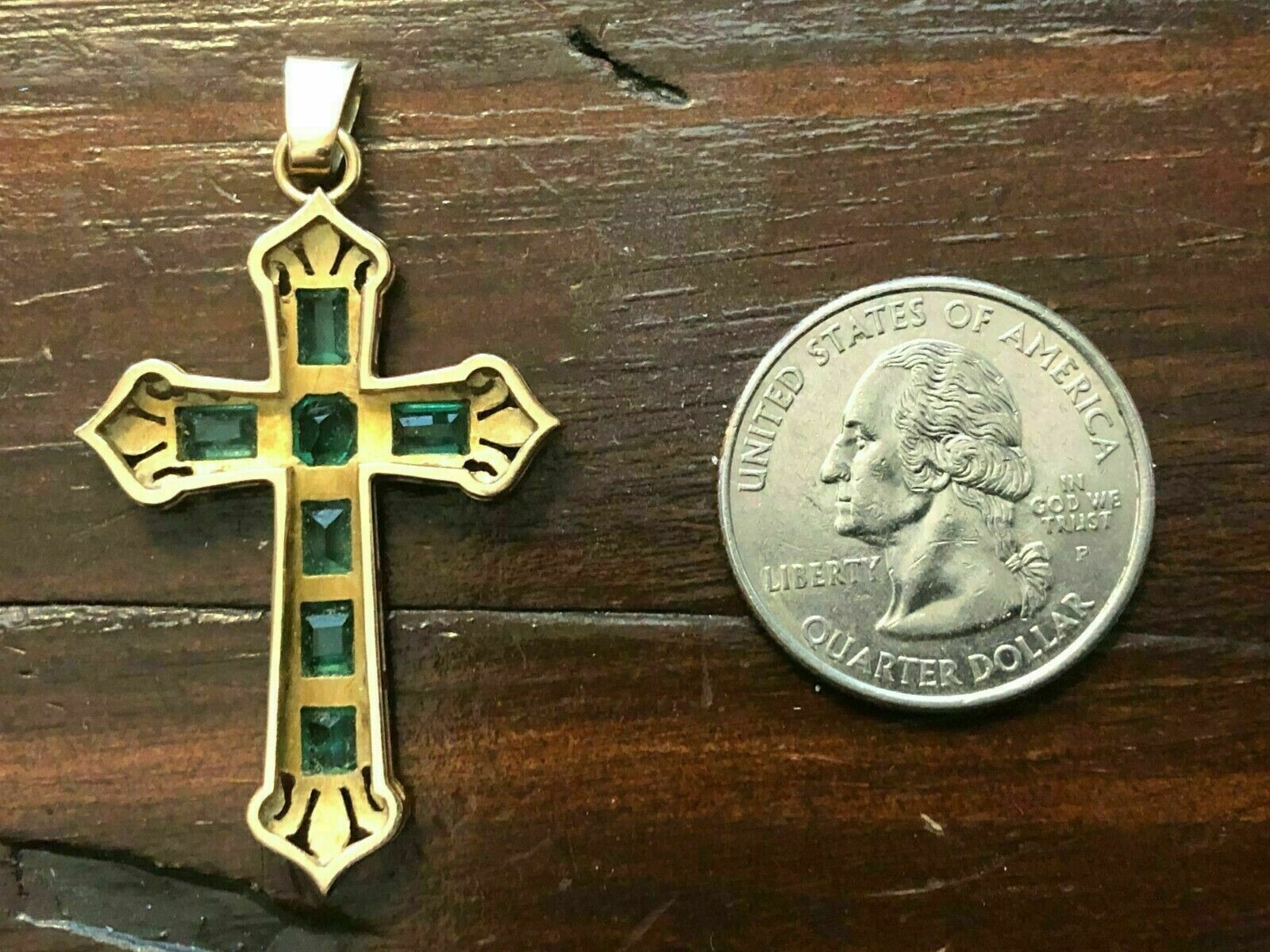 Antique 3Ct Emerald Cut Green Emerald Cross Pendant 14k Yellow Gold Finish
