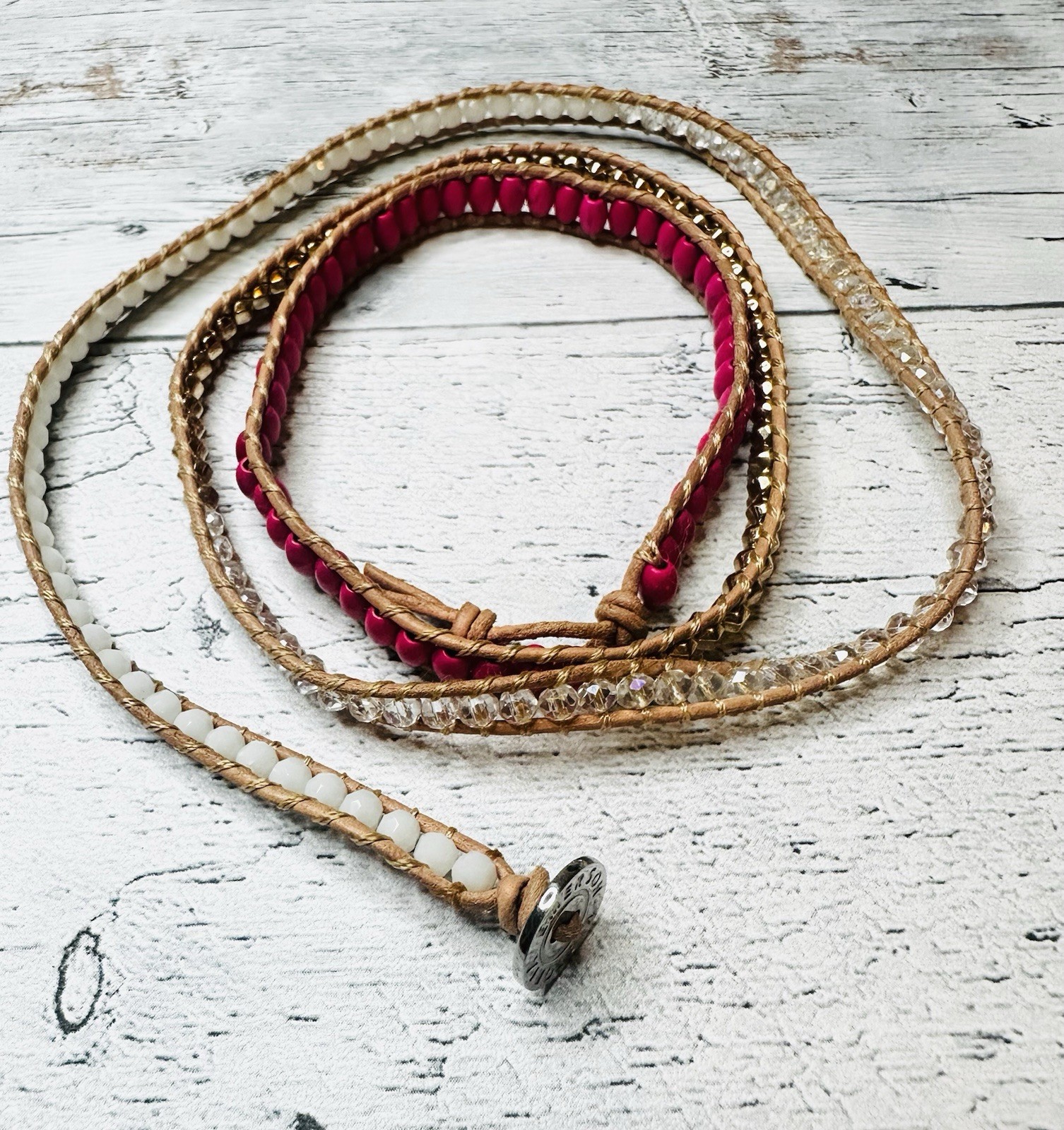 Victoria Emerson Wrap Bracelet Pink White Gold Crystal Leather Spring Colors
