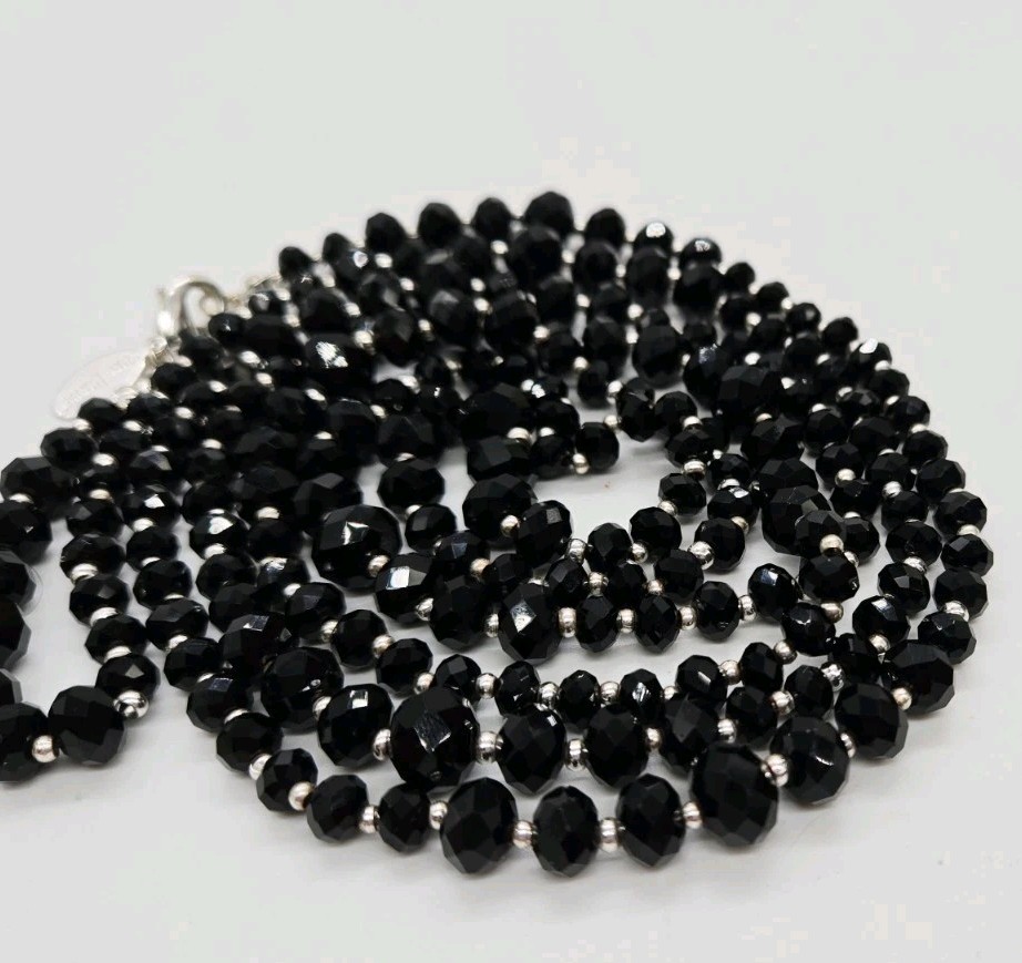White House Black Market WHBM Silver tone Black Beaded Necklace 52 in Disco