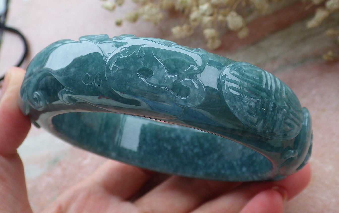 Certified Blue Green JADE Jadeite Dragon Phoenix Bangle Bracelet 69mm 589283 AS