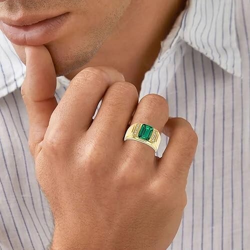 14K Yellow Gold Plated 3Ct Emerald Cut Lab Created Green Emerald Men’s Band Ring