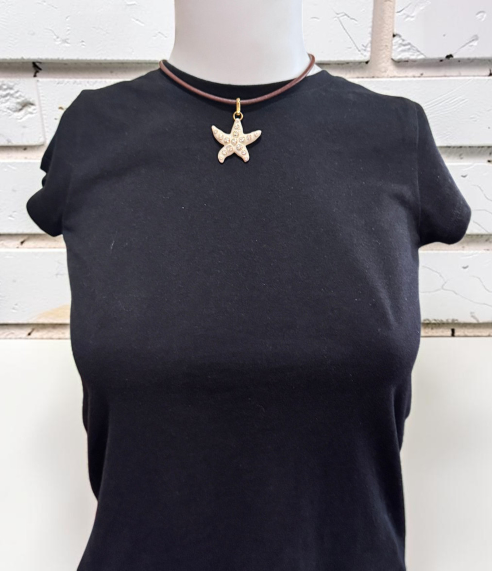 Coach Vintage Enamel White Rhinestone Starfish Charm Leather Short Necklace Y2K