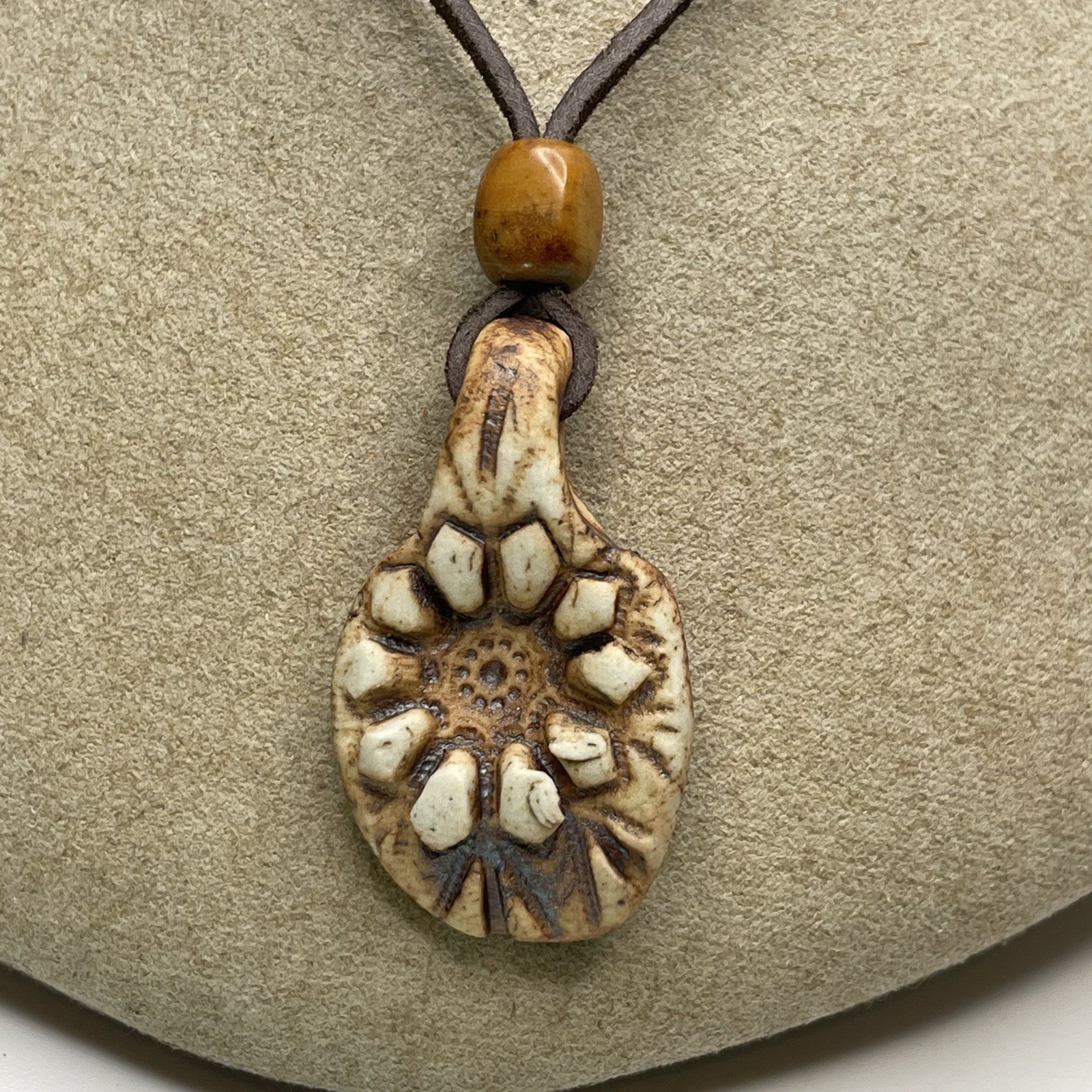 1970s Vintage Cermic Charm necklace Stone Bead Leather Cord Approx 24” Handmade