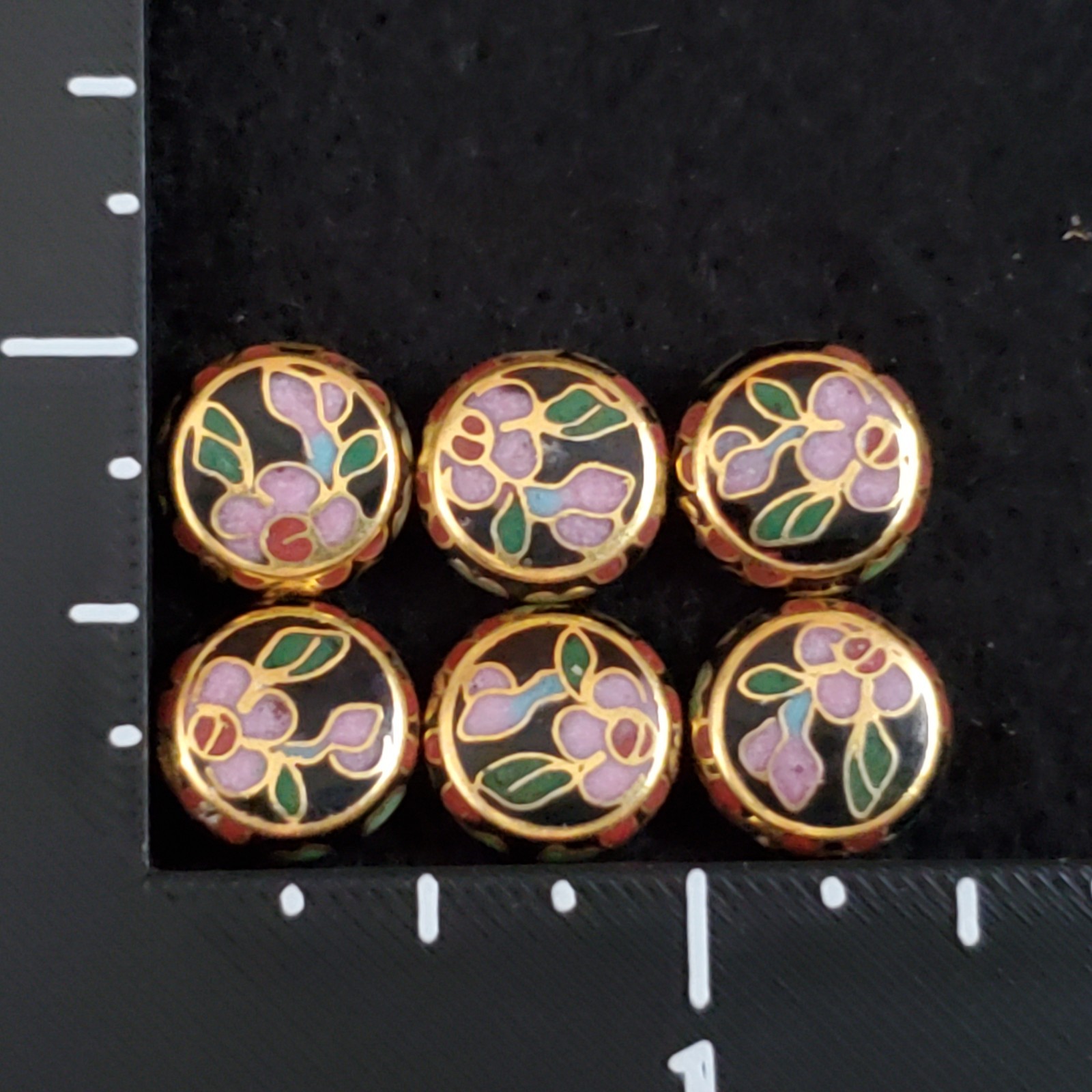 Cloisonne Beads Loose Flat Circle Black Pink Lot of 6