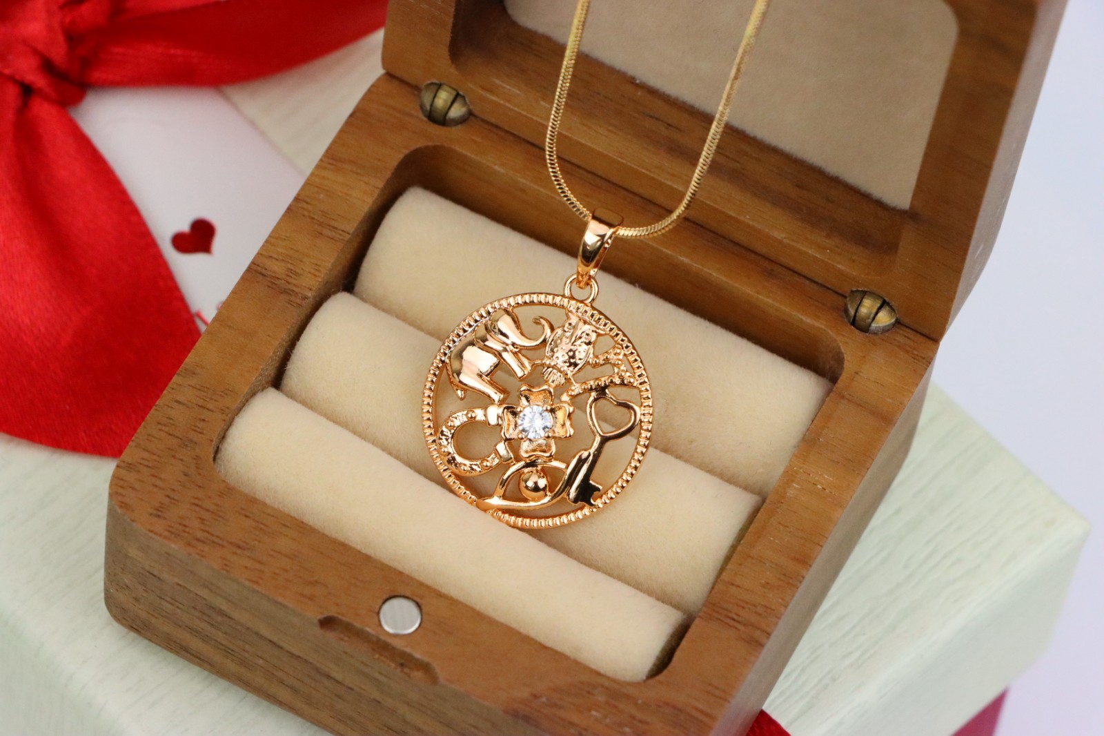 Round Rose Gold Pendant with Religious Motifs and Center Stone, XPPT1442