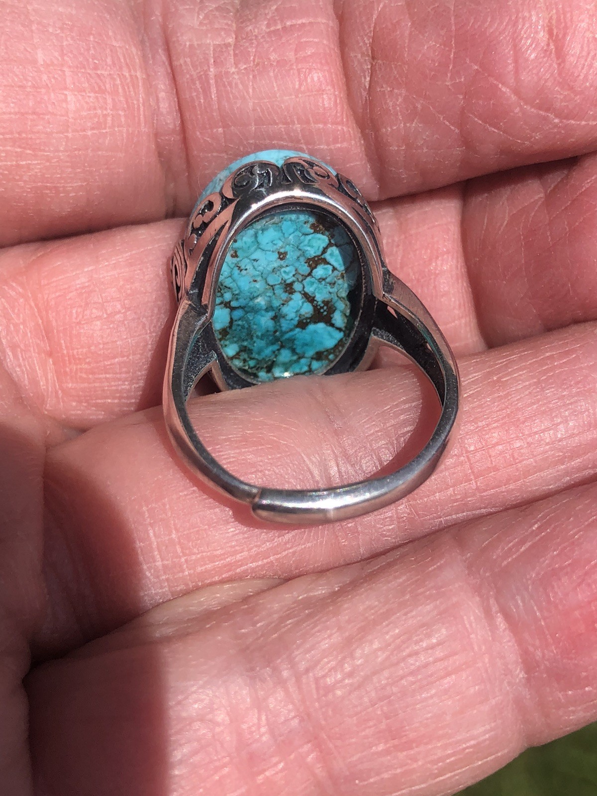 .925 Sterling Silver & Turquoise Handmade Ring 34 Carat GIE Cert. Adjustable