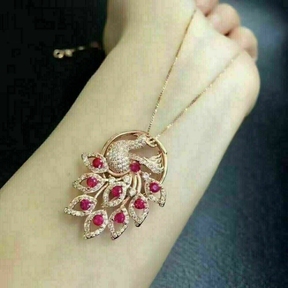 Gorgeous Peacock Pendant Round Cut Simulated Red Ruby In 14K Yellow Gold Plated
