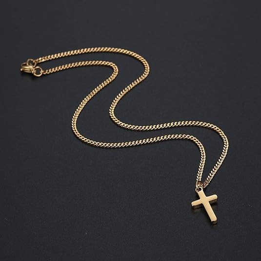 Collar de cruz chapado en oro de 14 quilates para hombre, cadena Figaro de acero