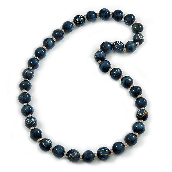 Long Chunky Dark Blue Wood Bead Necklace – 82cm L