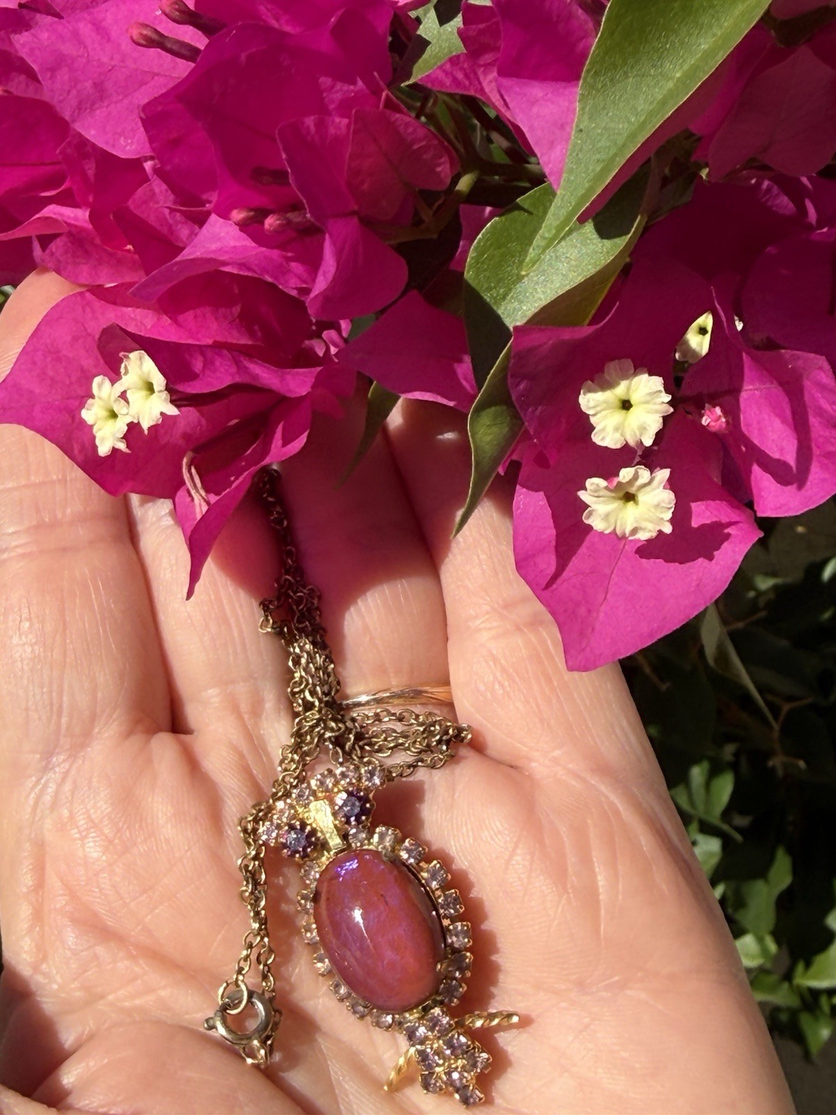 Vintage Gold Tone Signed Hobe Pink Jelly Belly Crystal Owl Pendant & Necklace