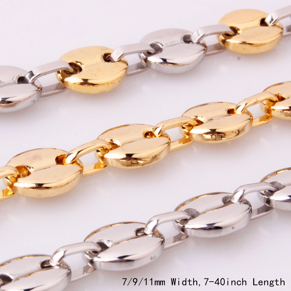 7-40″ Stainless Steel Silver Gold Coffee Beans Chain Men Women Necklace 7/9/11mm