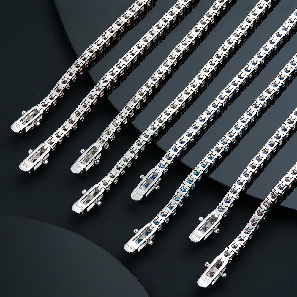 2mm Round Colourful Moissanite Tennis Chain 925 Sterling Silver Bracelet Women