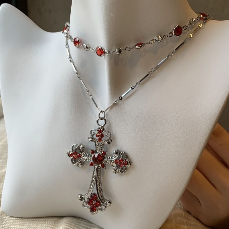 Gothic style double-layered red cross necklace for women, Y2K clavicle chain