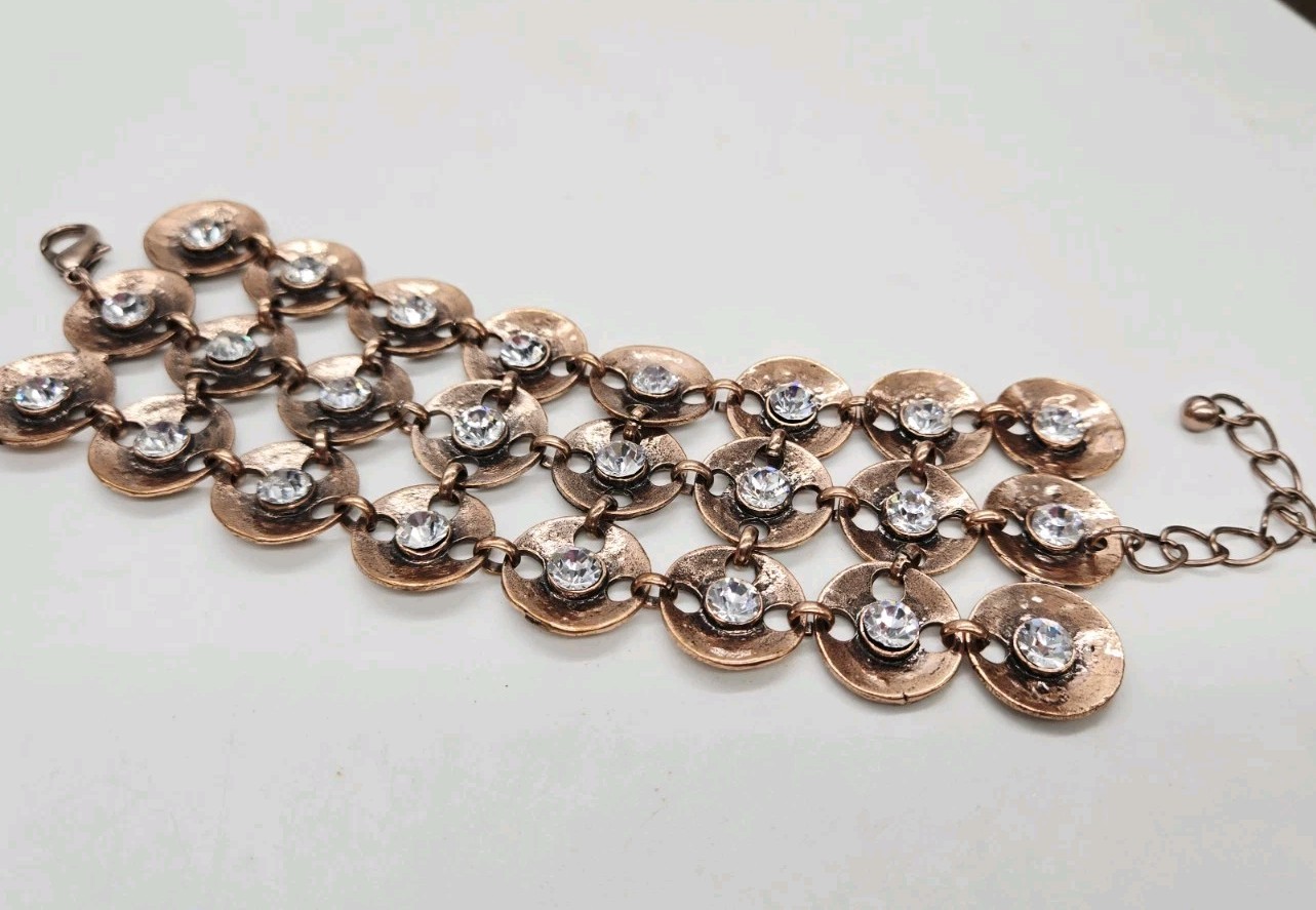 Copper Link Bracelet Circular Panels Crustal Accent Gorgeous Wide Couture 9 in