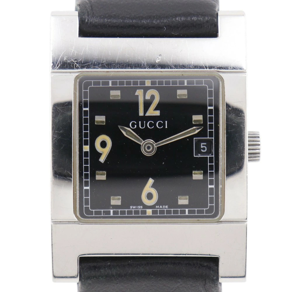 GUCCI Watch 7700L Stainless Steel Leather Quartz Analog Black Dial Ladies Used