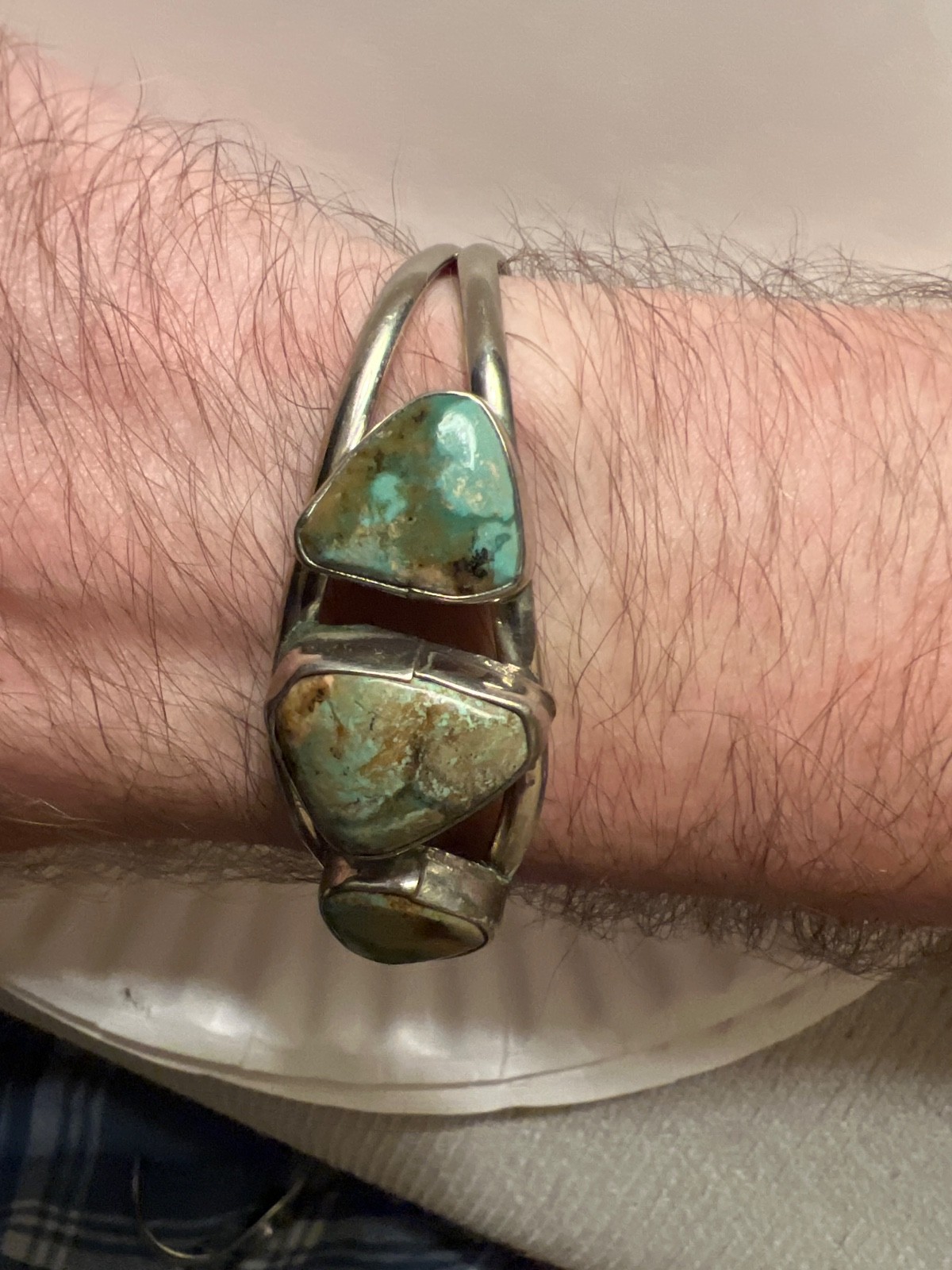 Real 3 Stone Turquoise, SW Alpaca Turquoise Cuff Adult- Medium Bracelet