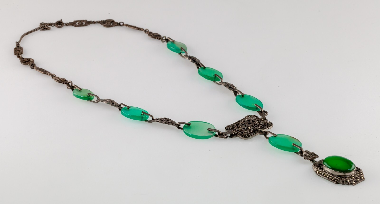 Sterling Silver Necklace with Green Gem, Marcasite, and Green Glass Accents 18″