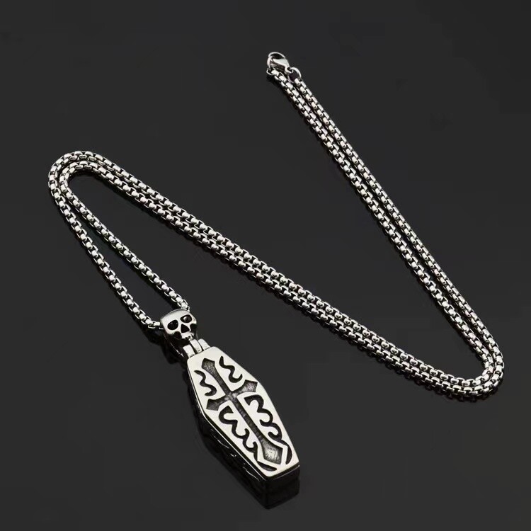 Mens Gothic Skull Coffin Pendant Punk Retro Necklace Stainless Steel Chain 24″