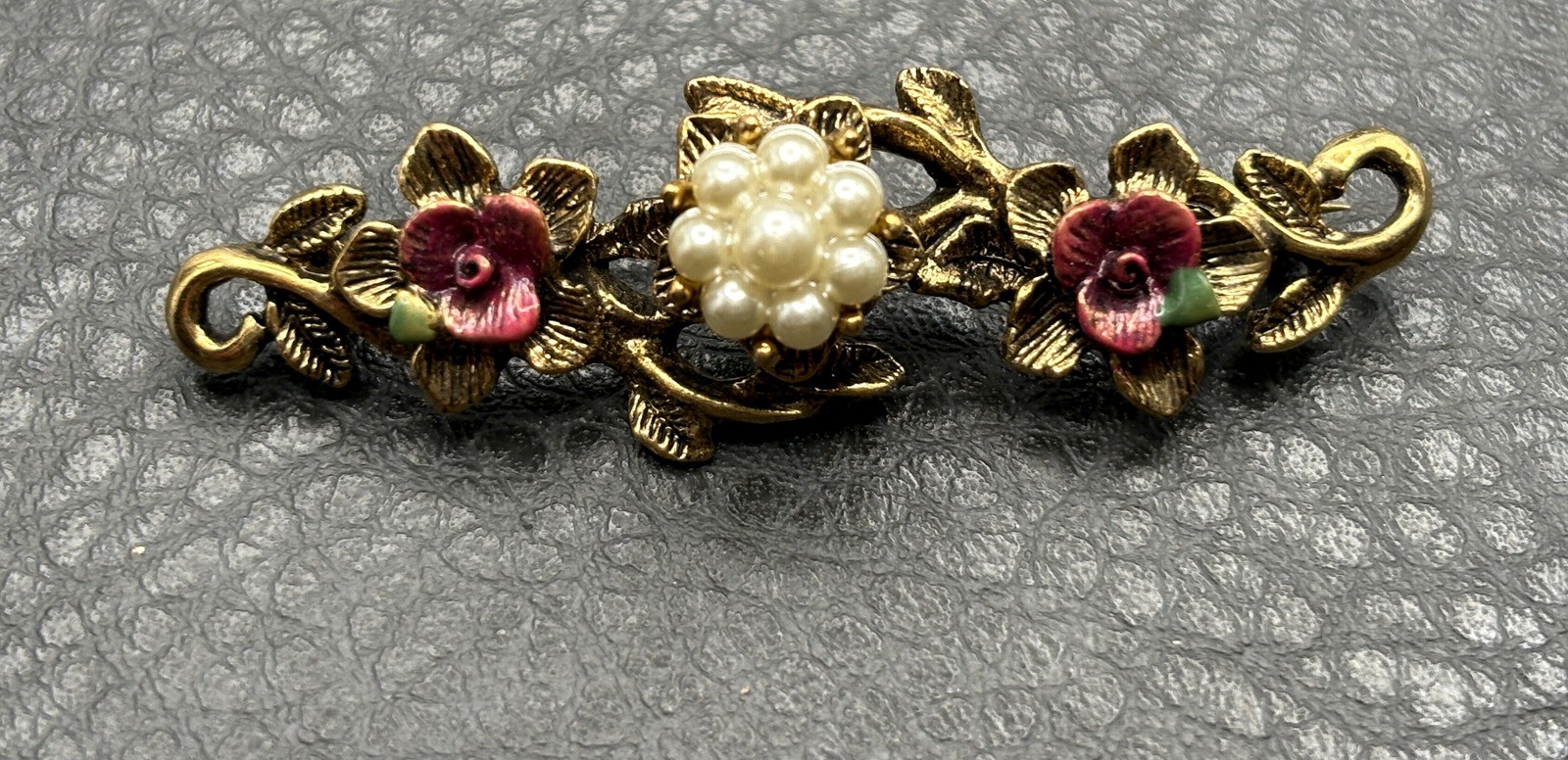 Vintage 1928 Brand Gold Tone Faux Pearl Enamel Floral Bar Brooch Pin Costume