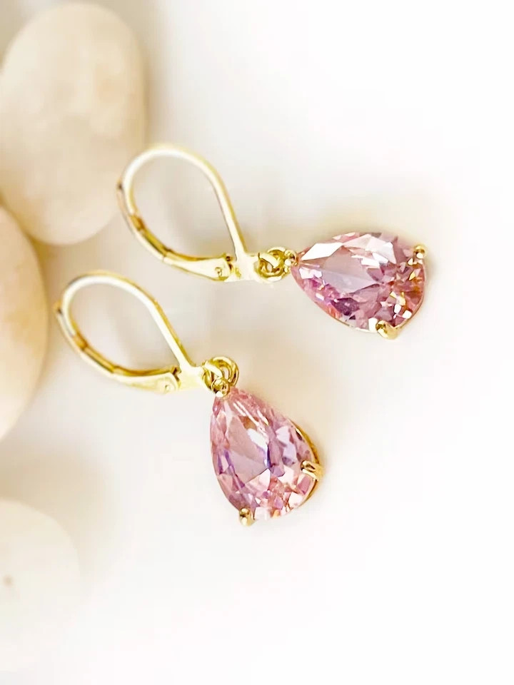2Ct Pear Cut LabCreated Pink Sapphire Drop/Dangle Earring 14k Yellow Gold Plated