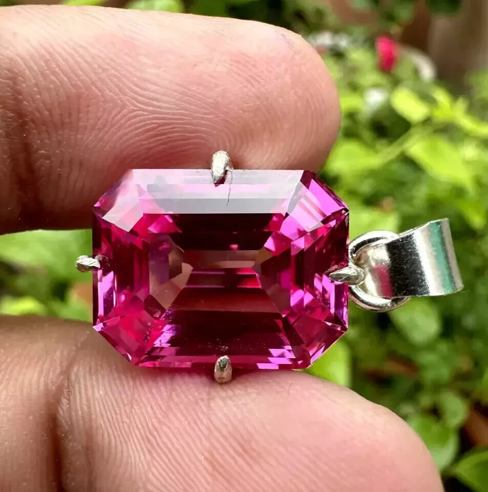 Natural Pink Sapphire 21 Ct Emerald Cut 925 Solid Silver Pendant Gemstone