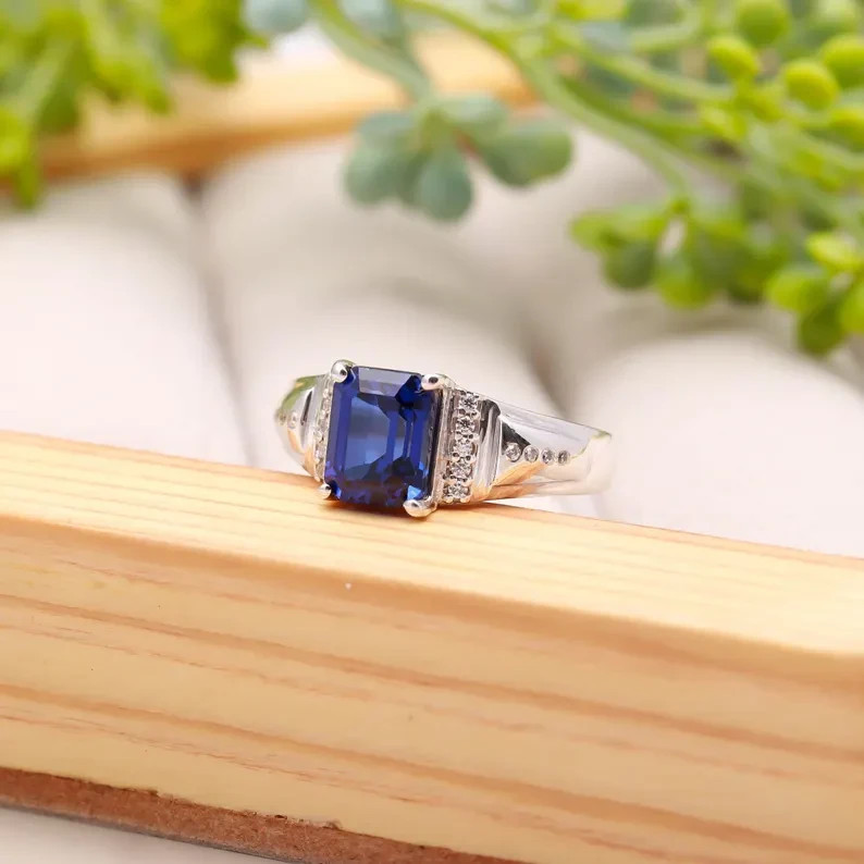 Solid 925 Sterling Silver Sapphire Engagement Ring for Men September Gift