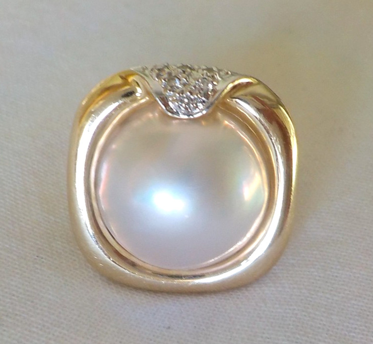 14K Yellow Gold Mabe Pearl Diamond Statement Ring – 6.40 gms, Sz 5.5, 12.8mm