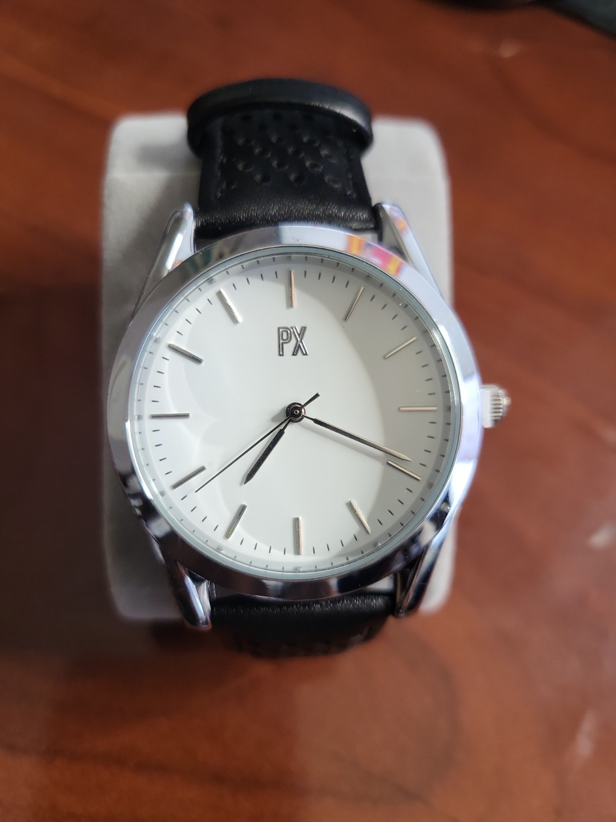 PX Perforated Leather Watch Black Strap White Face