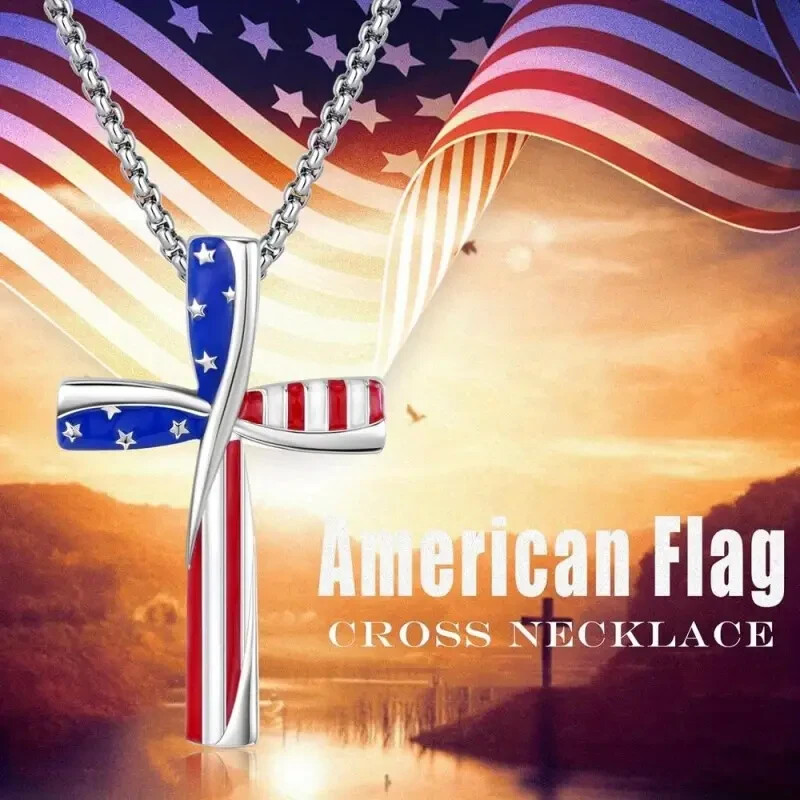 American Flag Cross Necklace Patriotic Alloy Pendant for Independence Day, Flag
