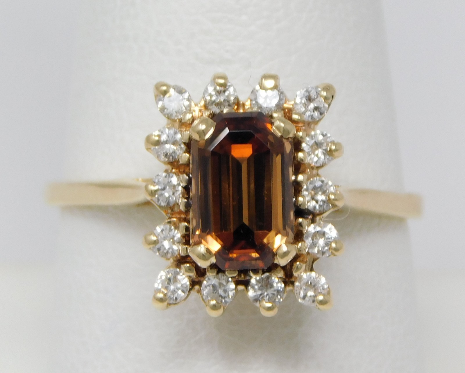 13-14 kt Yellow Gold Emerald Cut Andalusite (?) Diamond Halo Ring Sz 9 1/4 B9455
