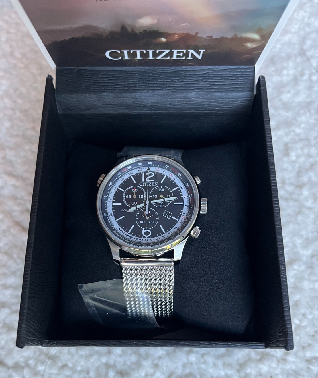 Citizen AT0361-81L Eco-Drive 43mm Blue Dial Chronograph SS Mesh Band Men’s Watch
