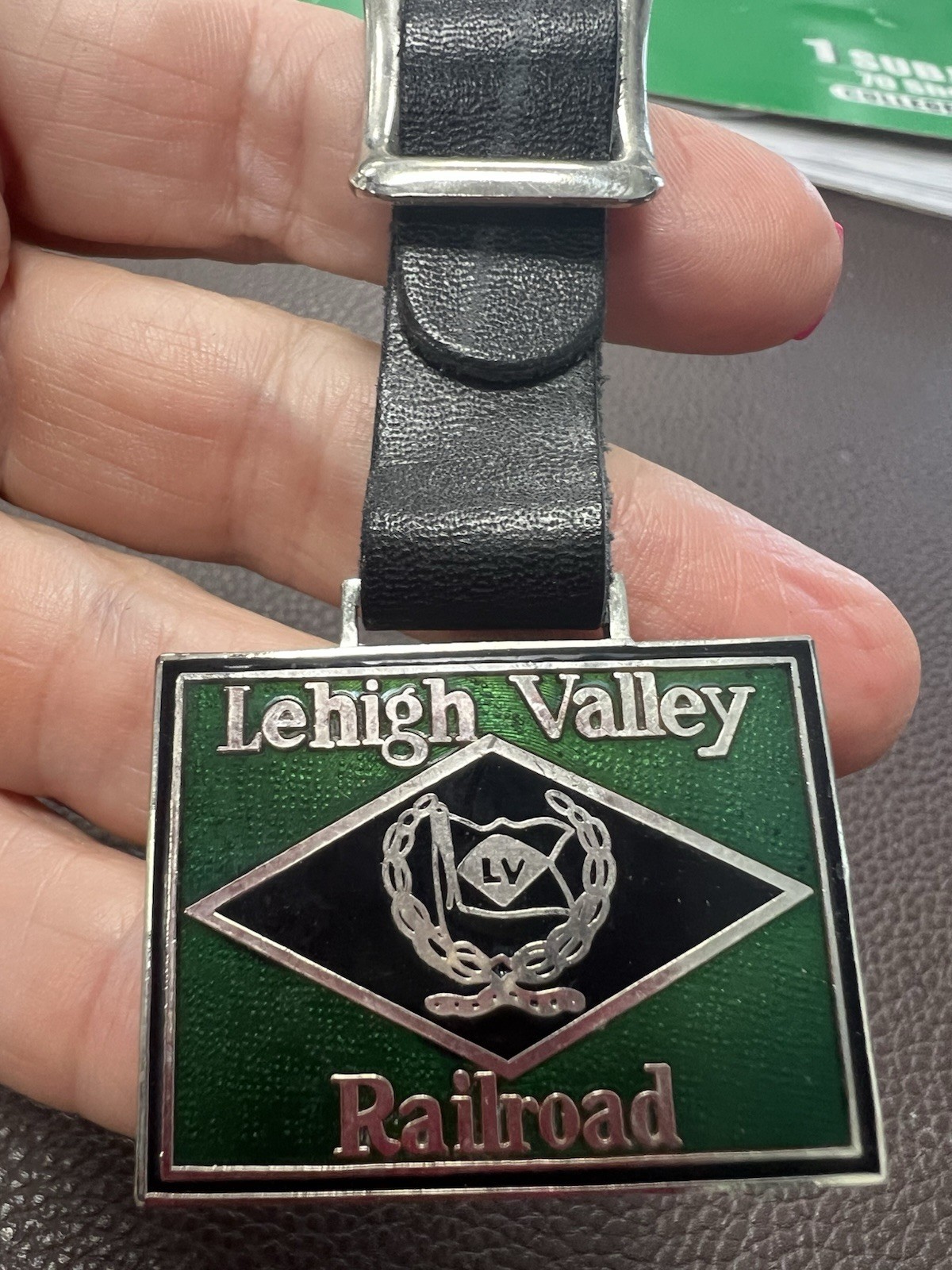 Lehigh Valley Railroad Metal Enamel Pocket Watch Fob, Green/Black, Leather Strap