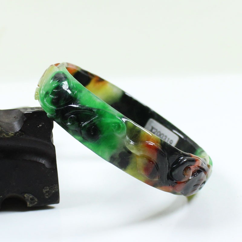 61mm Real Natural Ice Multicolor Burmese Jade jadeite Carving Bracelet Bangle