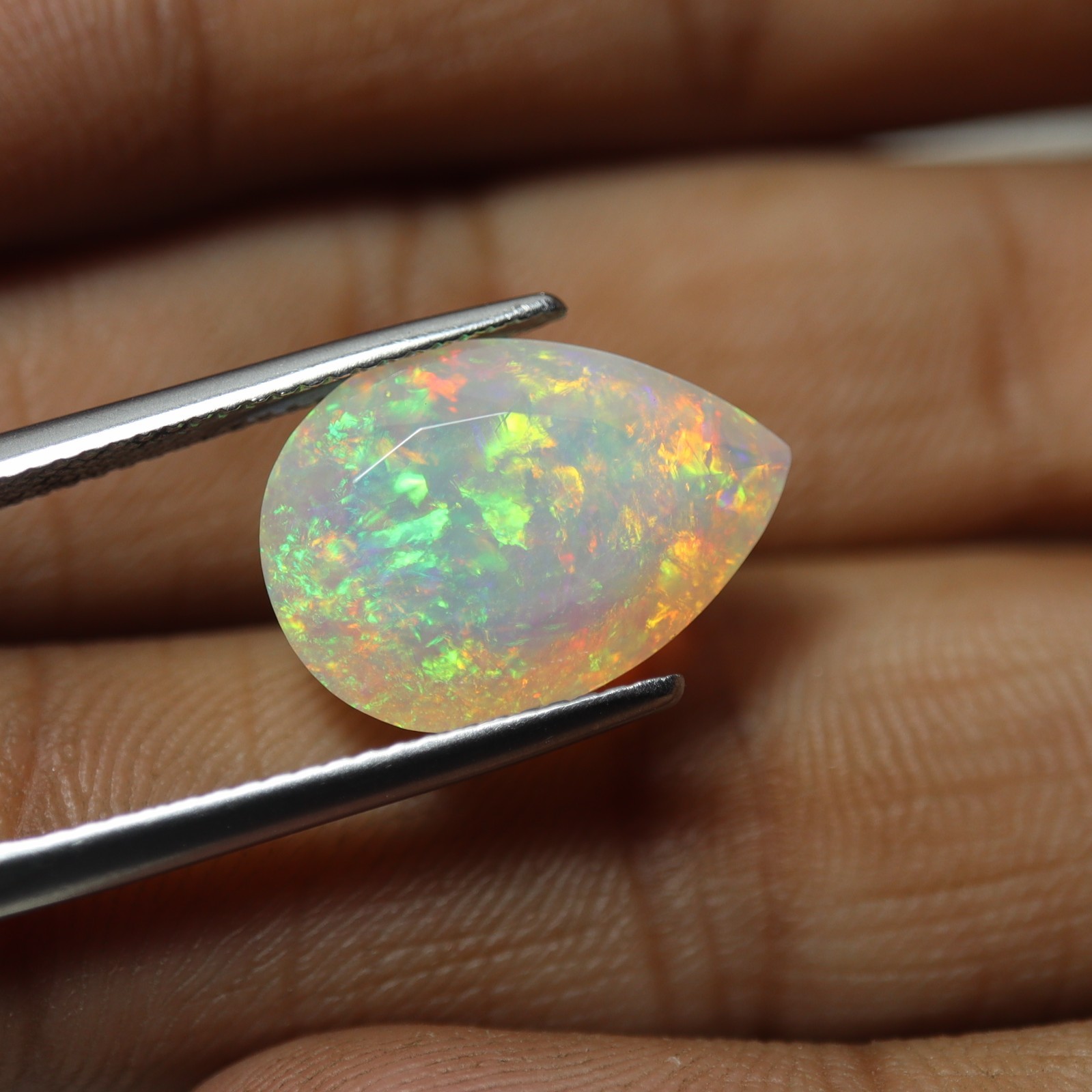 5.3Cts Real AAA Ethiopian Opal Green Red Fire Faceted Pear Gemstone 15.8×11.4MM