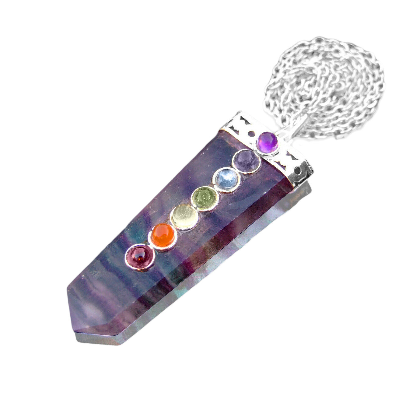 Rainbow FLUORITE 7 Chakra Pendant CHARGED Crystal Sterling Silver Necklace Reiki