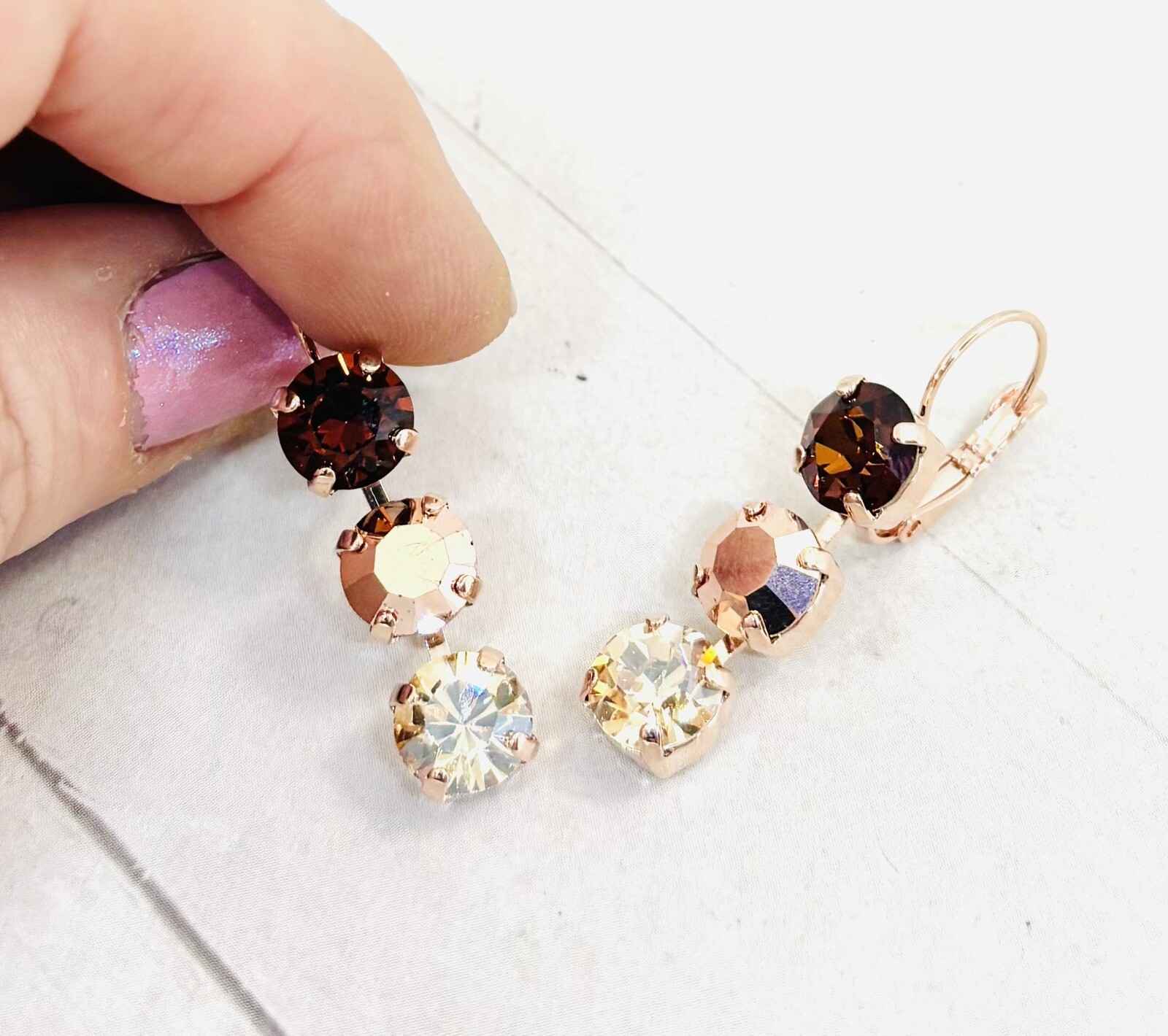 Rose Gold Plated Chocolate Brown and Rose Gold Triple Stone Cup Chain Earrings