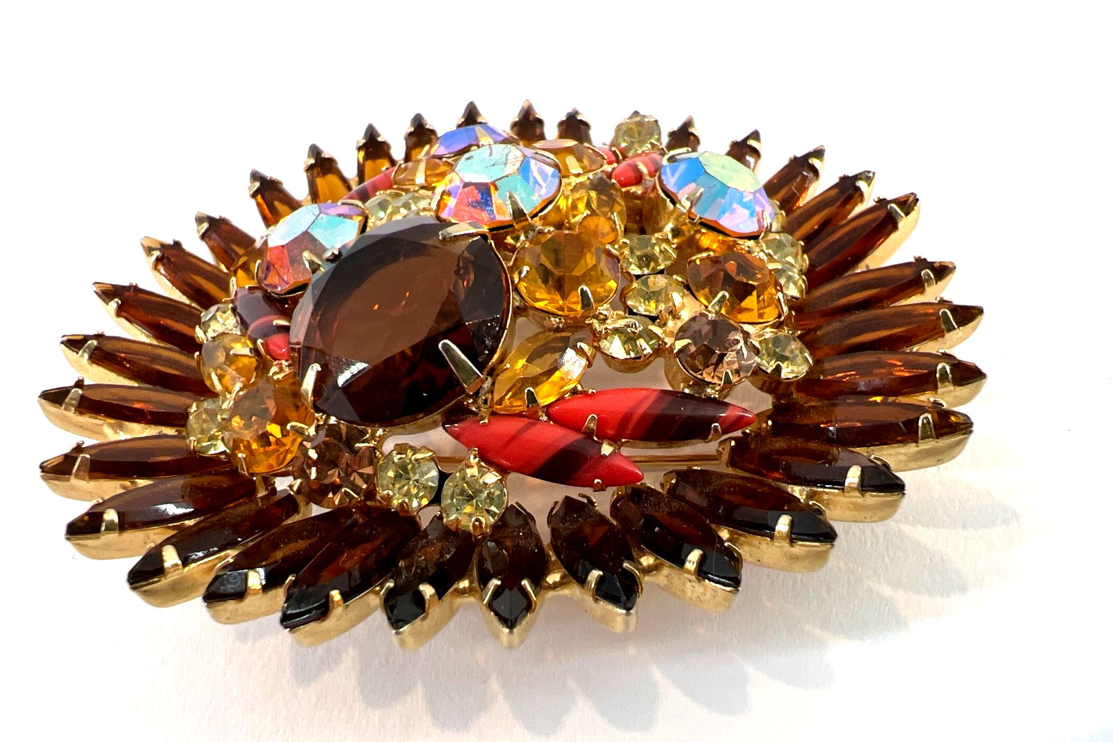 JULIANA D&E Amber Navettes, ABs, Art Glass 2-PC Set Bracelet Brooch
