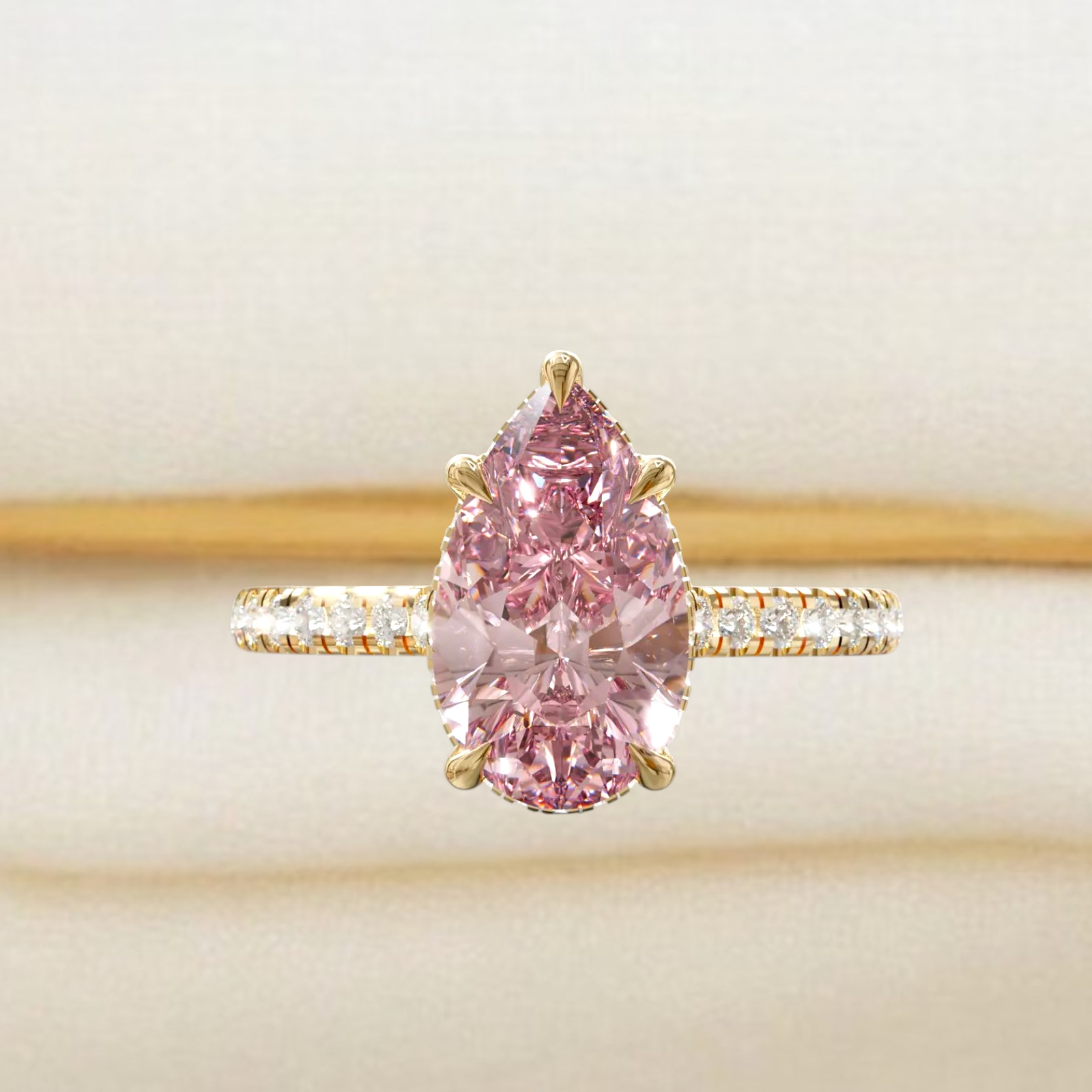Fancy Vivid Pink Diamond Women Ring Lab Grown 4.70 Ct Pear Cut 18k Yellow Gold