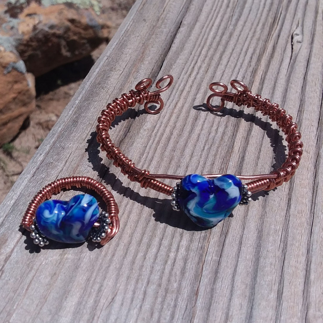Handmade Lampwork Bead Blue Swirls, Copper Wire Cuff Bracelet And Ring To Match