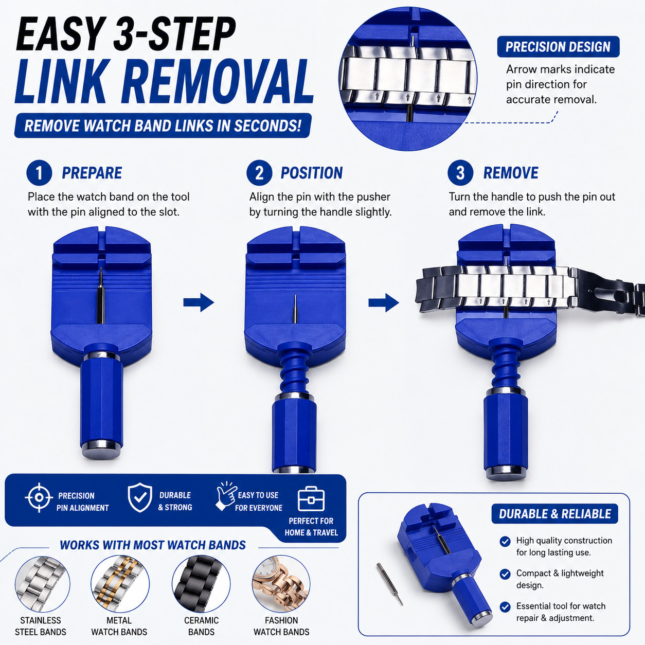 Watch Repair Spring Bar Tool Steel Link Remover Pin Pusher with Spare Tips