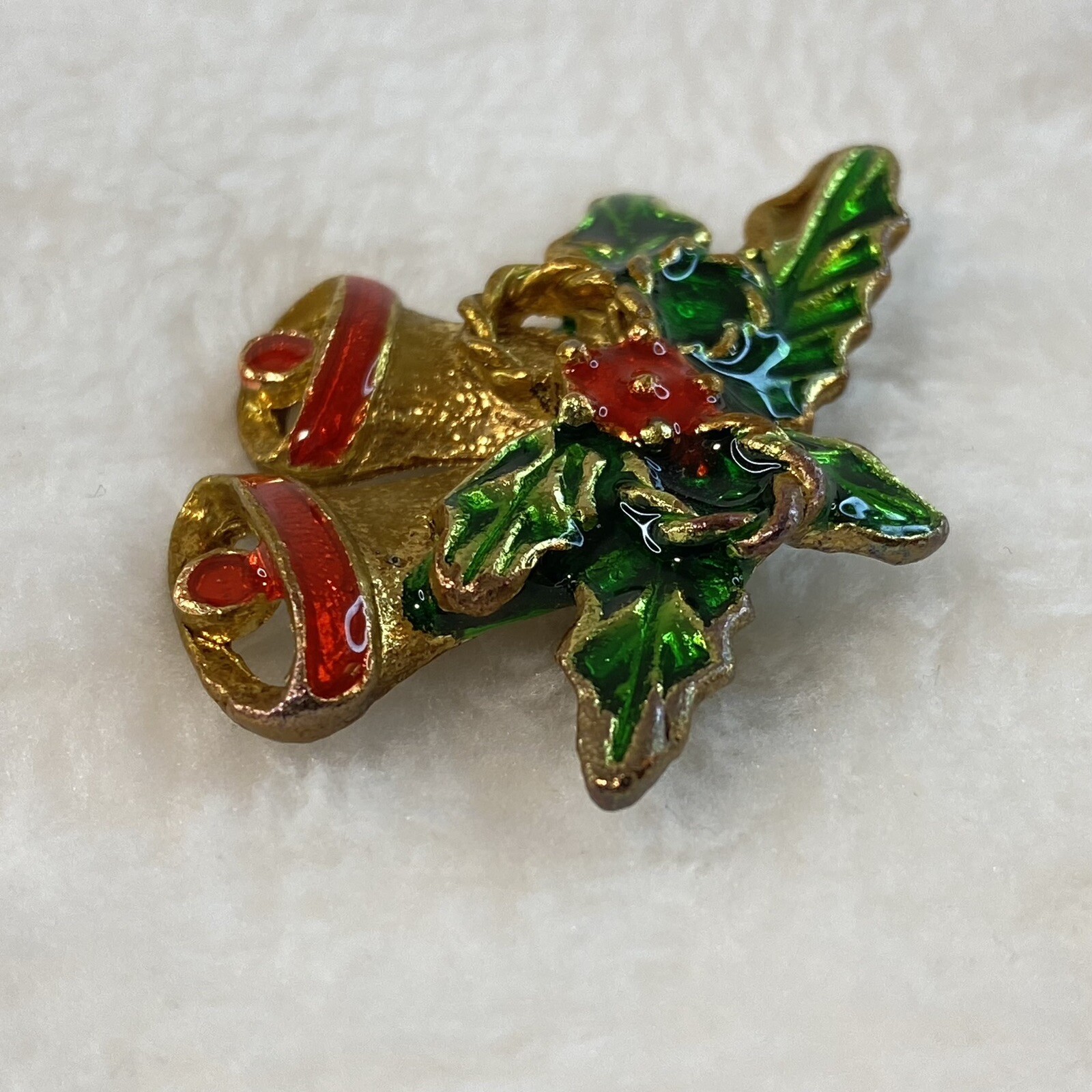 Vintage Christmas Pin Brooch Gold Tone Green Red Enamel Holly Bells Bow
