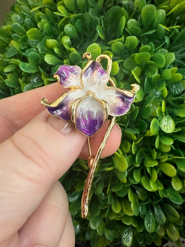 New Orchid Enamel Flower Brooch, 2.28-Inch, 14K Gold‑Plated Pin