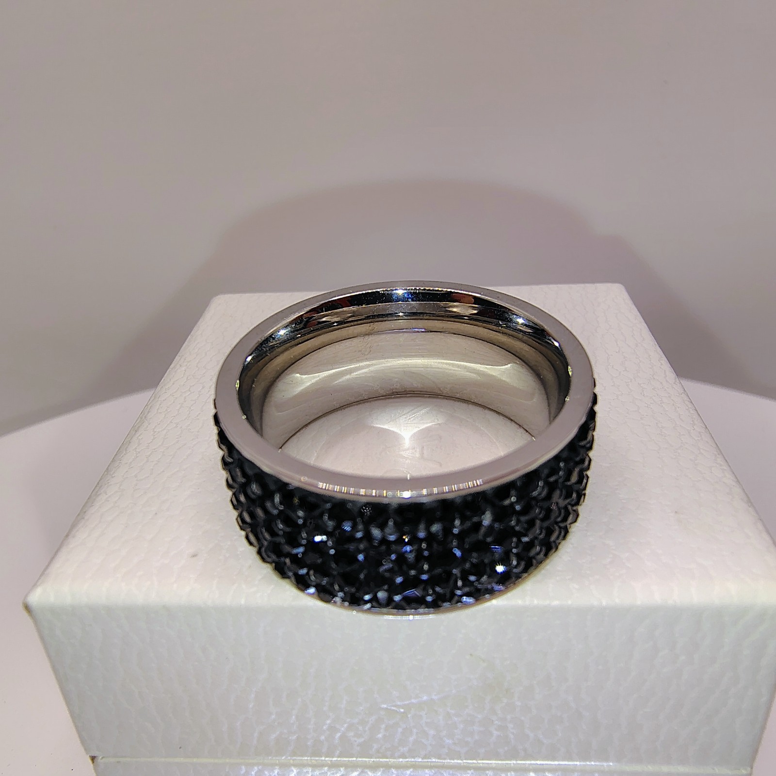 Black Crystal Pave Stainless Steel Band Ring Wide Sparkle Fashion Size 10.5