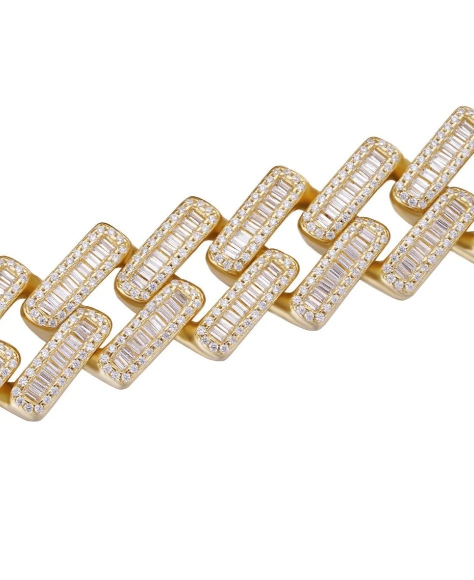 Baguette Prong Miami Cuban Link Chain Necklace Iced Out CZ Stones – 14k Gold Ver