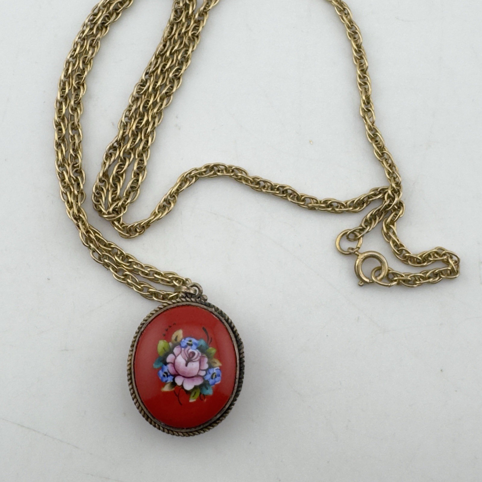 Vtg Enamel Spell Locket Compact Pendant Necklace Red Floral Oval Double Sided