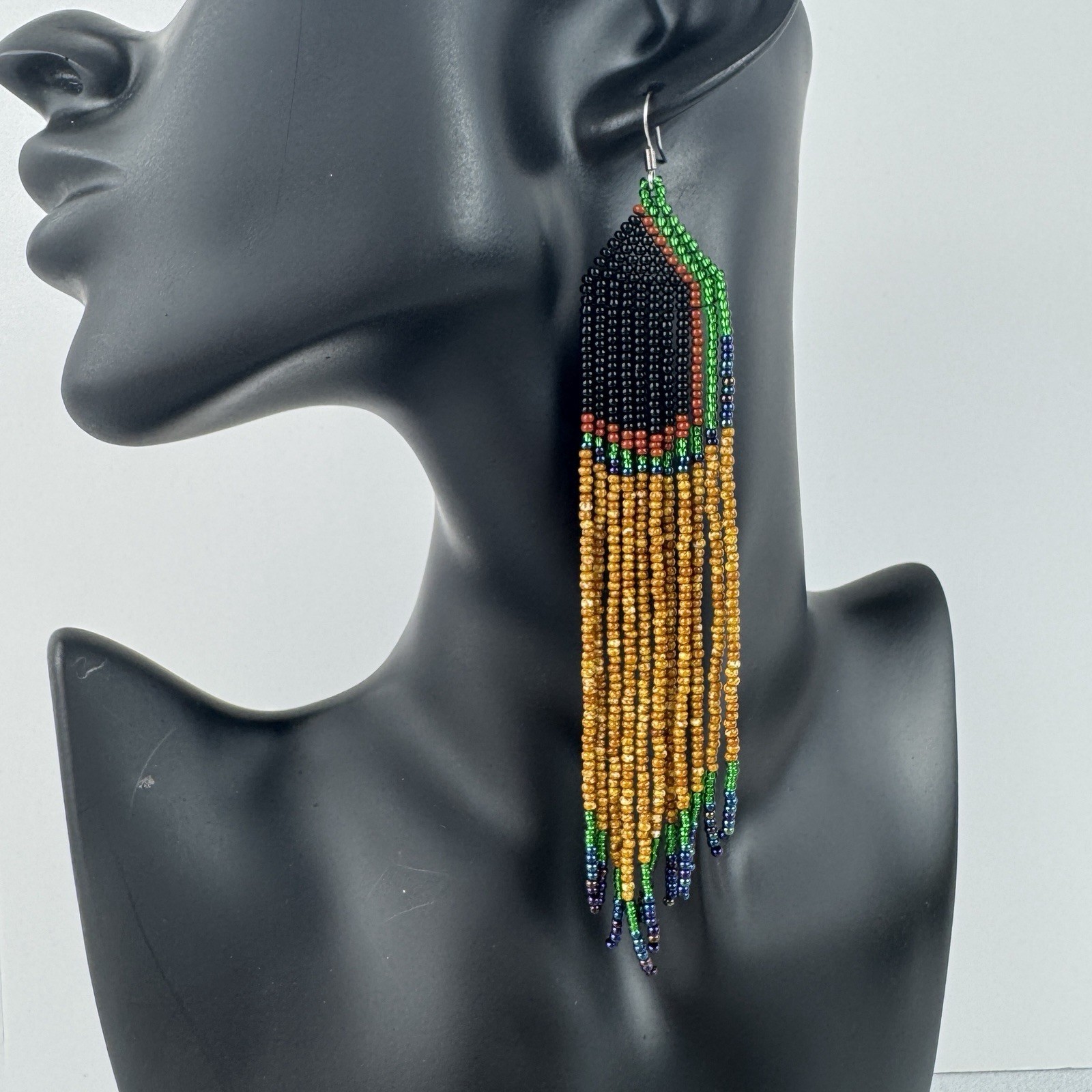Handmade Beaded Long Dangle Earrings Black Brown Green & Blue Geo Design Peacock