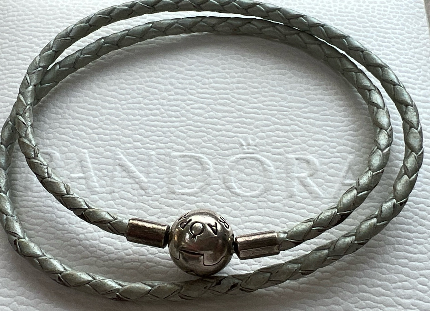 Pandora Green/Grey Leather Bracelet 36CM 925 ALE Crown Above O,