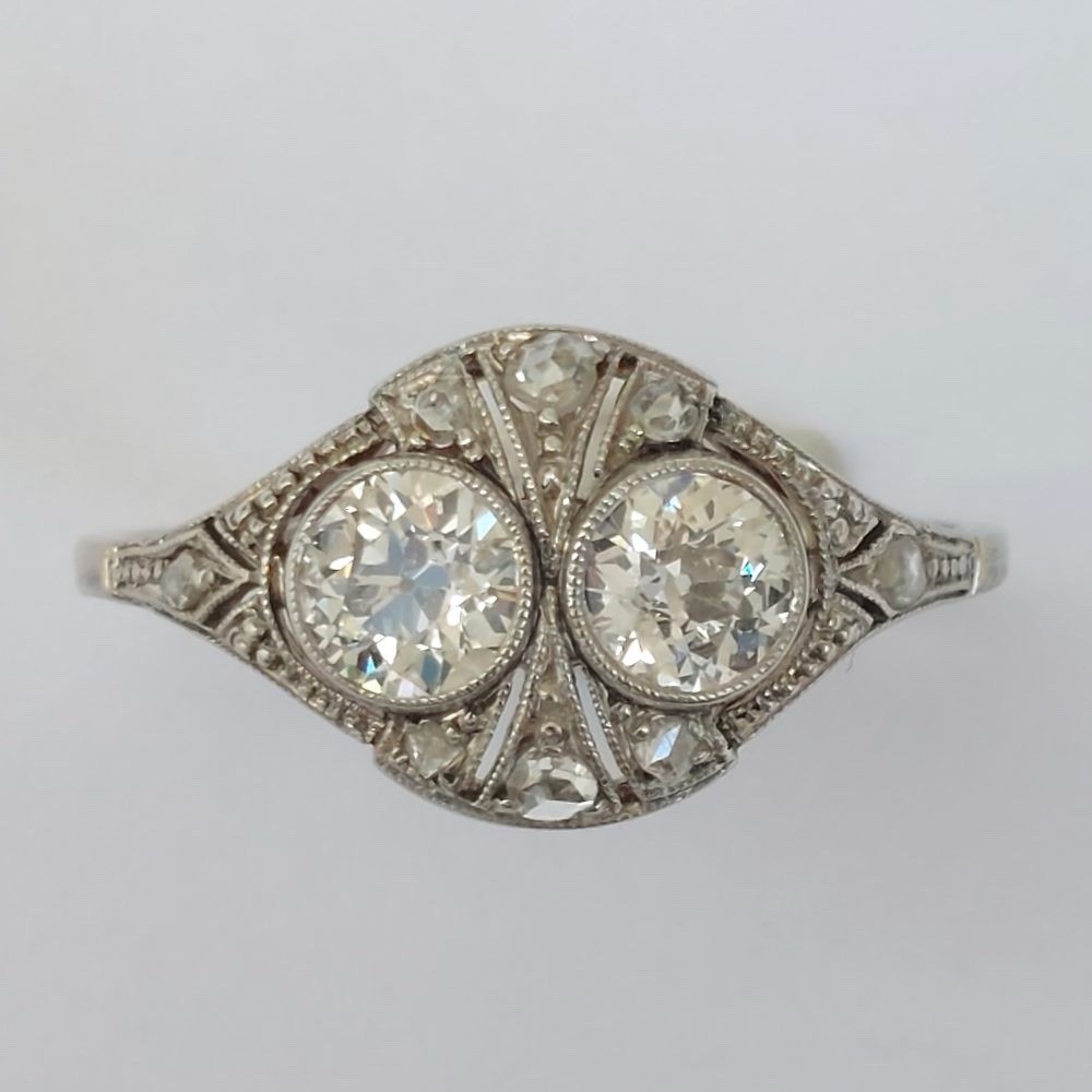 Antique Edwardian Two-Stone Toi et Moi Ring 935 Argentium Silver Filigree